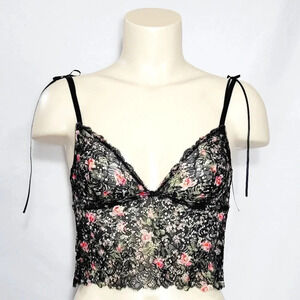 Love by Gap Black & Pink Floral Lace Longline Triangle Bralette SMALL Pink Flora